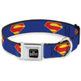 Load image into Gallery viewer, DC LEAGUE OF SUPER-PETS Logo Full Color Black/White Seatbelt Buckle Collar - DC League of Super-Pets Superman Shield Logo Blue/Red/Yellow