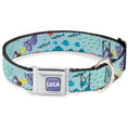 Load image into Gallery viewer, LUCA Logo Full Color Lavender/White Seatbelt Buckle Collar - Luca Isola del Mar Alberto Sea Monster School of Fish Collage