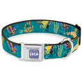 Load image into Gallery viewer, LUCA Logo Full Color Lavender/White Seatbelt Buckle Collar - Luca and Alberto Sea Monsters Swimming Poses Turquoise Blues