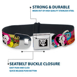 Cruella de Vil CDV Icon Black/White Seatbelt Buckle Collar - Cruella de Vil Cruell World and Round Badge Icons Collage