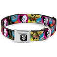 Load image into Gallery viewer, Cruella de Vil CDV Icon Black/White Seatbelt Buckle Collar - Cruella de Vil Cruell World and Round Badge Icons Collage