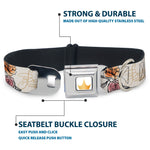 Disney Princess Crown Full Color Golds Seatbelt Buckle Collar - Beauty and the Beast Belle Castle Pose with Script and Flowers White/Yellows