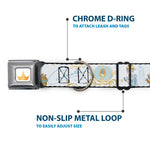 Disney Princess Crown Full Color Golds Seatbelt Buckle Collar - Cinderella Pumpkin Coach and Mice Pose with Script White/Blues