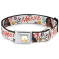 Load image into Gallery viewer, Disney Princess Crown Full Color Golds Seatbelt Buckle Collar - Moana with Pua and Hei Hei Sail Pose with Script and Flowers Beige/Orange