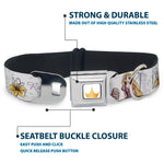 Disney Princess Crown Full Color Golds Seatbelt Buckle Collar - Rapunzel Castle and Pascual Pose with Script and Flowers White/Purples