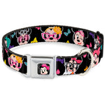 Mini Minnie Mouse Face CLOSE-UP Full Color Black Seatbelt Buckle Collar - Mini Minnie Expressions/Bows Black/Multi Color