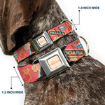 MOANA Title Logo Full Color Beige/Coral Seatbelt Buckle Collar - Moana Pose and Icons Collage Pink