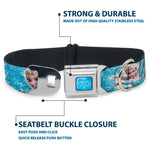 FROZEN Logo Full Color Blues Seatbelt Buckle Collar - Frozen Elsa Face/Action Pose/Snowflakes Blues/White