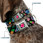 Lilo & Stitch Hibiscus Flower Full Color Black Pink Seatbelt Buckle Collar - OHANA MEANS FAMILY/Stitch & Scrump Poses/Tropical Flora Black/White/Multi Color