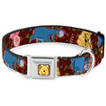 Load image into Gallery viewer, Winnie the Pooh Face Full Color Radial Brown Fade Seatbelt Buckle Collar featuring colorful character poses on a brown backgr