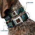 Load image into Gallery viewer, ALICE THROUGH THE LOOKING GLASS Logo Full Color Black/Gold Seatbelt Buckle Collar - Cheshire Cat 4-Poses Checkers Teal/Black
