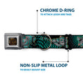 Load image into Gallery viewer, ALICE THROUGH THE LOOKING GLASS Logo Full Color Black/Gold Seatbelt Buckle Collar - Cheshire Cat 4-Poses Checkers Teal/Black