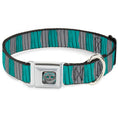Load image into Gallery viewer, Alice Through the Looking Glass Cheshire Cat Pose Full Color Black Seatbelt Buckle Collar - Cheshire Cat Stripes Gray/Teal/Black