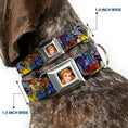 Load image into Gallery viewer, Southlake Paws Belle Seatbelt Buckle Collar features Beauty & the Beast stained glass scenes, 1.5 inches wide, on a dog.