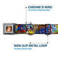 Load image into Gallery viewer, Close-up of Southlake Paws Belle seatbelt buckle collar featuring Beauty & the Beast stained glass scenes, chrome D-ring, and