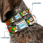FROSTY THE SNOWMAN Logo Full Color White/Blues Seatbelt Buckle Collar - Frosty the Snowman Pose Poinsetta Plaid Collage Greens/Reds