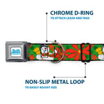 FROSTY THE SNOWMAN Logo Full Color White/Blues Seatbelt Buckle Collar - Frosty the Snowman Pose Poinsetta Plaid Collage Greens/Reds