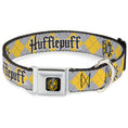 Load image into Gallery viewer, Hufflepuff Crest Full Color Seatbelt Buckle Collar - Harry Potter HUFFLEPUFF/Stars Argyle Plaid Gray/Gold/Browns