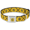 Load image into Gallery viewer, HUFFLEPUFF Crest Full Color Gold Seatbelt Buckle Collar - Harry Potter Hufflepuff Crest Plaid Yellows/Gray