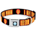 Load image into Gallery viewer, MARVEL UNIVERSE Iron Man Arc Reactor Full Color Seatbelt Buckle Collar - Iron Man Face/I AM IRON MAN Black/Yellow Glow