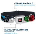 Load image into Gallery viewer, JUSTICE LEAGUE Star Logo Black/Silver-Fade/Red Seatbelt Buckle Collar - Justice League New 52 4-Superhero Poses/Scattered Logos Multi Color/Black