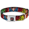 Load image into Gallery viewer, JUSTICE LEAGUE Star Logo Black/Silver-Fade/Red Seatbelt Buckle Collar - Justice League New 52 4-Superhero Poses/Scattered Logos Multi Color/Black