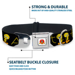 Looney Tunes Logo Full Color White Seatbelt Buckle Collar - Tweety Bird Poses CUTE AND SWEET Black/Yellow