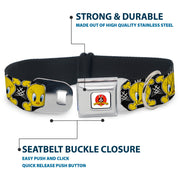 Looney Tunes Logo Full Color White Seatbelt Buckle Collar - Tweety Bird & Crossbones Black/White/Yellow