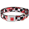 Load image into Gallery viewer, HOT WHEELS Classic Flame Logo Full Color Red/White/Black Seatbelt Buckle Collar - HOT WHEELS Logo and Tire Burn Out Checker Black/White