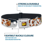 POST COCOA PEBBLES Logo Full Color Brown/Yellows Seatbelt Buckle Collar - Cocoa Pebbles Fred Flintstone and Barney Rubble Hugging Pose and Cereal Pebbles Scattered White/Browns
