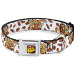 POST COCOA PEBBLES Logo Full Color Brown/Yellows Seatbelt Buckle Collar - Cocoa Pebbles Fred Flintstone and Barney Rubble Hugging Pose and Cereal Pebbles Scattered White/Browns
