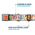 POST FRUITY PEBBLES Logo Full Color Red/Multi Color Seatbelt Buckle Collar - Fruity Pebbles Fred Flintstone and Barney Rubble Hugging Pose and Cereal Pebbles Scattered White/Multi Color
