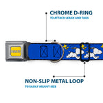 PEANUTS Title Logo Full Color Yellow/White Seatbelt Buckle Collar - Peanuts Snoopy Running and Woodstock Pose Blue