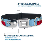 PEANUTS Title Logo Full Color Gray/White Seatbelt Buckle Collar - Peanuts Snoopy and Woodstock Dog House Pose and Text Sky Blue