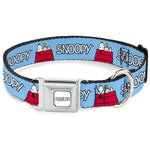 PEANUTS Title Logo Full Color Gray/White Seatbelt Buckle Collar - Peanuts Snoopy and Woodstock Dog House Pose and Text Sky Blue