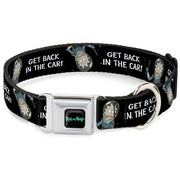 RICK AND MORTY Text Logo Full Color Black/Blue Seatbelt Buckle Collar - Rick and Morty Rick GET BACK IN THE CAR Pose Black/White