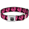 Load image into Gallery viewer, Superman Black Silver Seatbelt Buckle Collar - Diagonal Superman Logo w/Hearts Black/Pink