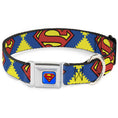 Load image into Gallery viewer, Superman Blue Seatbelt Buckle Collar - Jagged Superman Shield CLOSE-UP Yellow/Blue/Red