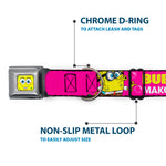 SpongeBob Face CLOSE-UP Full Color Seatbelt Buckle Collar - Patrick Starfish Pose BUBBLES MAKE PEOPLE HAPPY Pink/Yellow/White/Blue