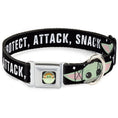 Load image into Gallery viewer, Star Wars The Child Chibi Pod Pose Full Color Black Seatbelt Buckle Collar - Star Wars The Child Chibi Face PROTECT ATTACK SNACK Black/White