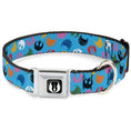 Load image into Gallery viewer, Star Wars Jedi Order Icon Full Color Black/White Seatbelt Buckle Collar - Star Wars Jedi Order and Rebel Alliance Icons Scattered Blue/Multi Color