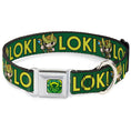 Load image into Gallery viewer, Loki Face Icon Full Color Yellow/Greens Seatbelt Buckle Collar - Kawaii LOKI Standing Pose/Text Green/Yellow