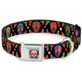Load image into Gallery viewer, Sugar Skull Starburst Full Color Black/Multi Color Seatbelt Buckle Collar - Colorful Calaveras Black/Multi Color