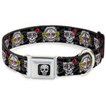 Sugar Skull Full Color Black/White/Gray Seatbelt Buckle Collar - Los Novios Black/Gray/White/Multi Color