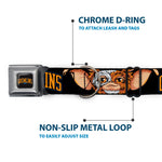 GREMLINS 1984 Title Logo Full Color Black/Blue/Orange Seatbelt Buckle Collar - GREMLINS 1984 Gizmo Face Close-Up Black