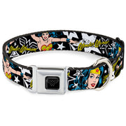 Wonder Woman Black Silver Seatbelt Buckle Collar - Wonder Woman/Stars Black/White