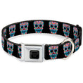 Load image into Gallery viewer, Wonder Woman Black Silver Seatbelt Buckle Collar - Wonder Woman Floral Skull Black/Multi Pastel