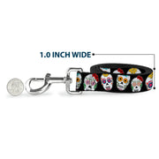 Dog Leash - Sugar Skull Outline Black/Multi Color
