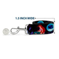 Load image into Gallery viewer, Southlake Paws dog leash featuring The Little Mermaid scenes with Ariel and Ursula, 1.5 inches wide, alongside a quarter for