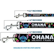 Dog Leash - OHANA MEANS FAMILY/Stitch & Scrump Poses/Tropical Flora Black/White/Multi Color